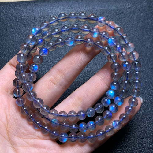 天然冰种蓝光拉长石三圈手链彩光