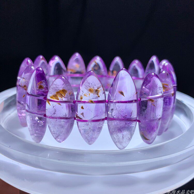 天然羽毛紫钛晶单圈手排紫幽灵手串紫晶水晶饰品金钛发晶礼物男女