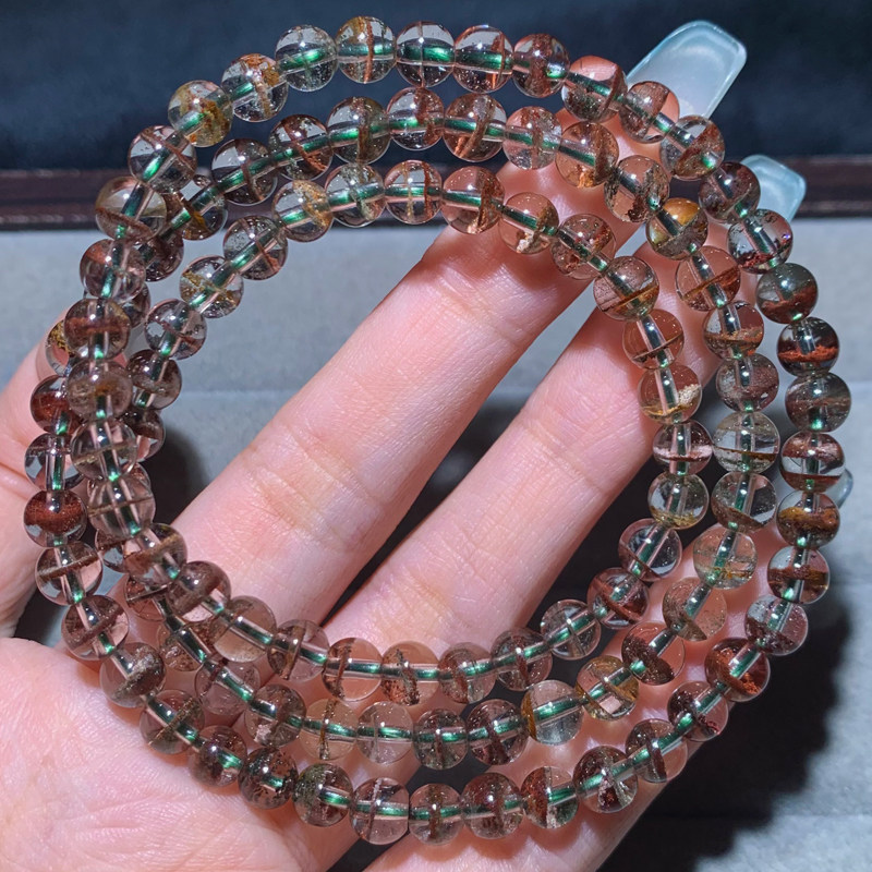 天然绿幽灵三圈巴西手链聚宝盆