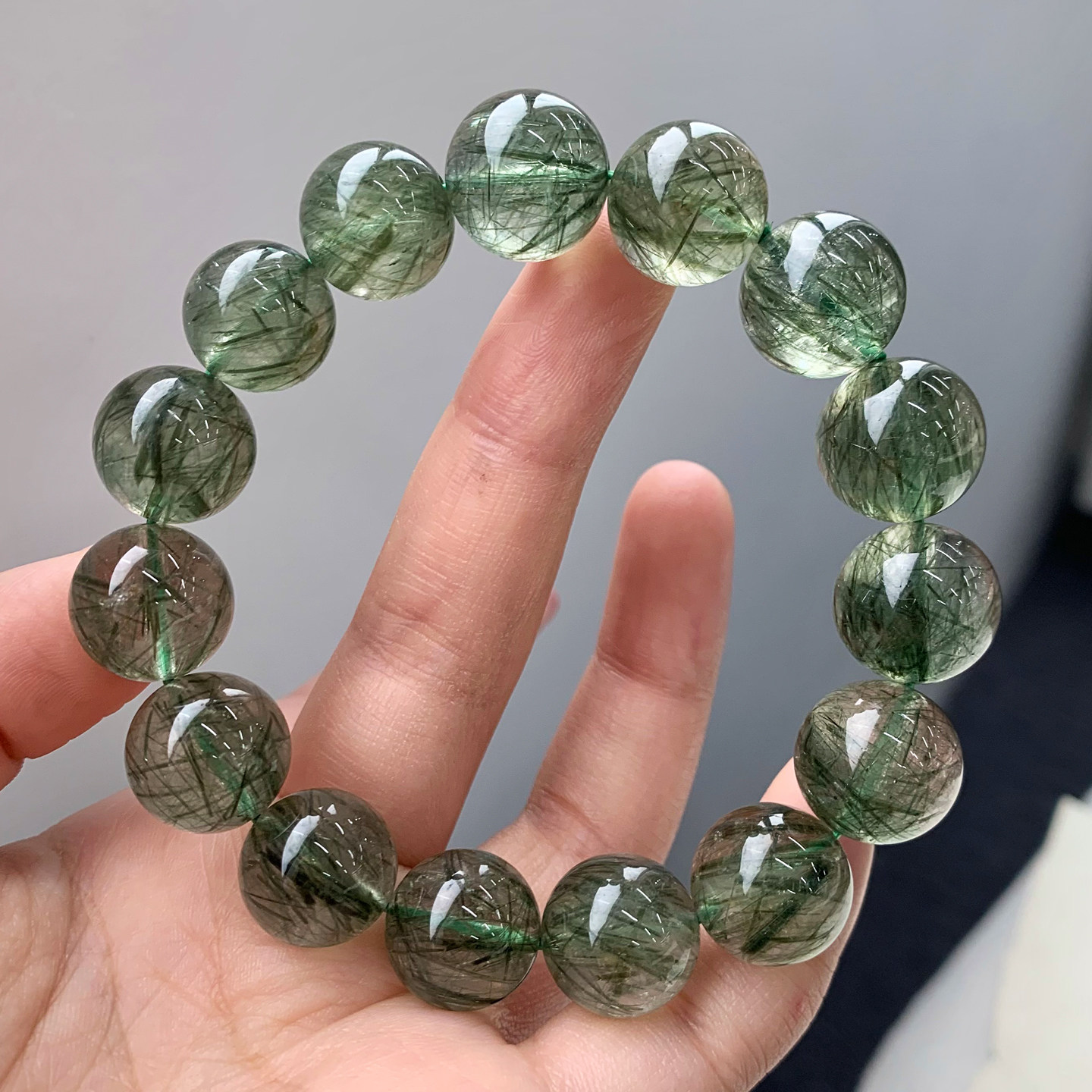 天然冰透顺发绿发晶单圈手链巴西