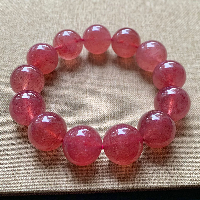 天然冰种透体草莓晶手串单圈桃花水晶手链粉晶饰品一物一图礼物女