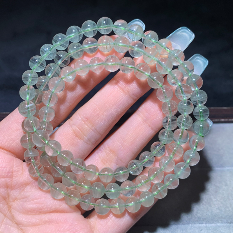 天然翠绿幽灵三圈手链聚宝盆半盆