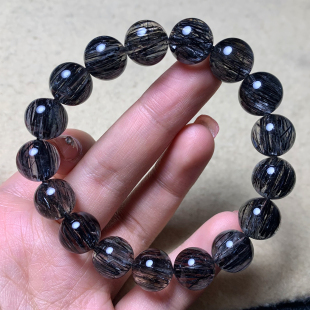 天然浓密顺发黑发晶手串满发钛晶黑水晶手链情侣款 饰品送礼物男女