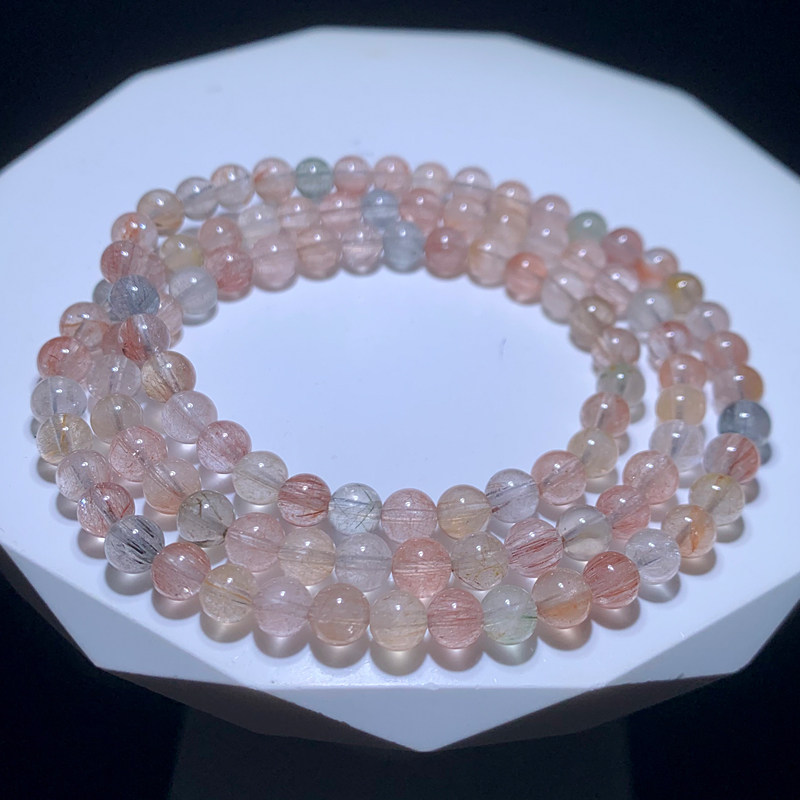 天然冰透兔毛水晶手链三圈彩发晶手串情侣款饰品时尚配饰送礼物女