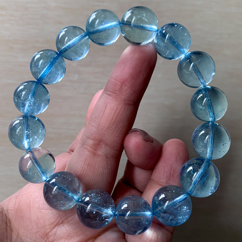 天然冰透海蓝宝手串巴西星光魔鬼蓝水晶宝石绿柱石手链单圈情侣女