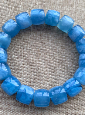 天然蓝天白云海蓝宝直切桶珠手链