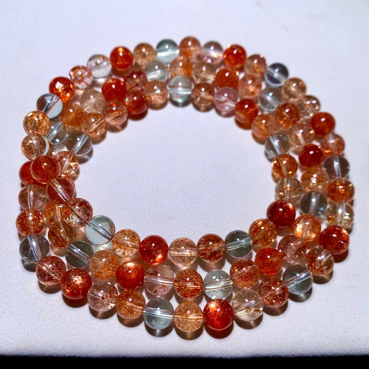 天然冰透阿鲁沙长石手链三圈爆闪绿柱石金太阳石手串水晶饰品情侣