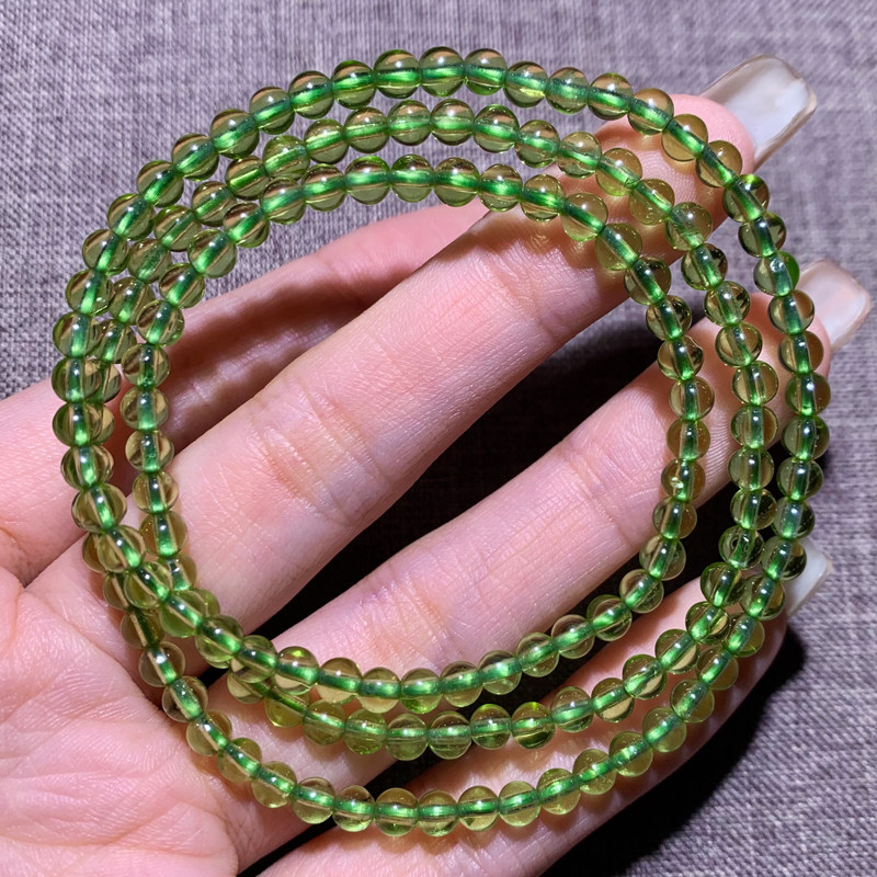 天然橄榄石翠绿色三圈手串通透太阳之石水晶手链饰品情侣款礼物女