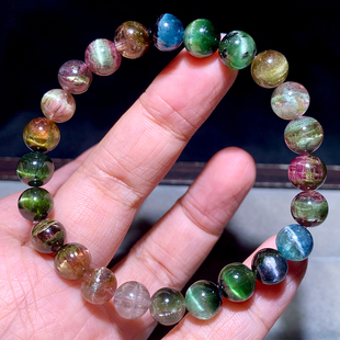 天然巴西猫眼碧玺手链单圈祖母绿手串原石水晶情侣饰品送礼物男女