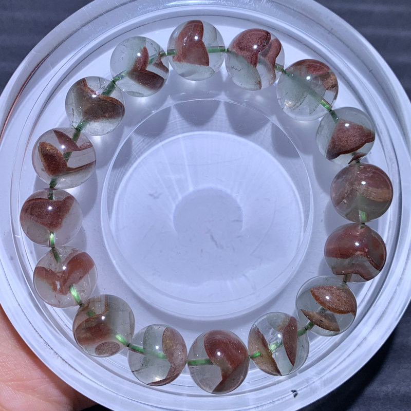 天然翠粉幽灵水晶单圈手链聚宝盆