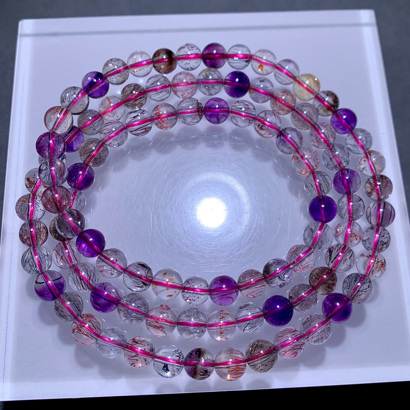 天然冰透三轮骨干超七手链三圈黑加仑紫发晶云母片手串礼物男女款