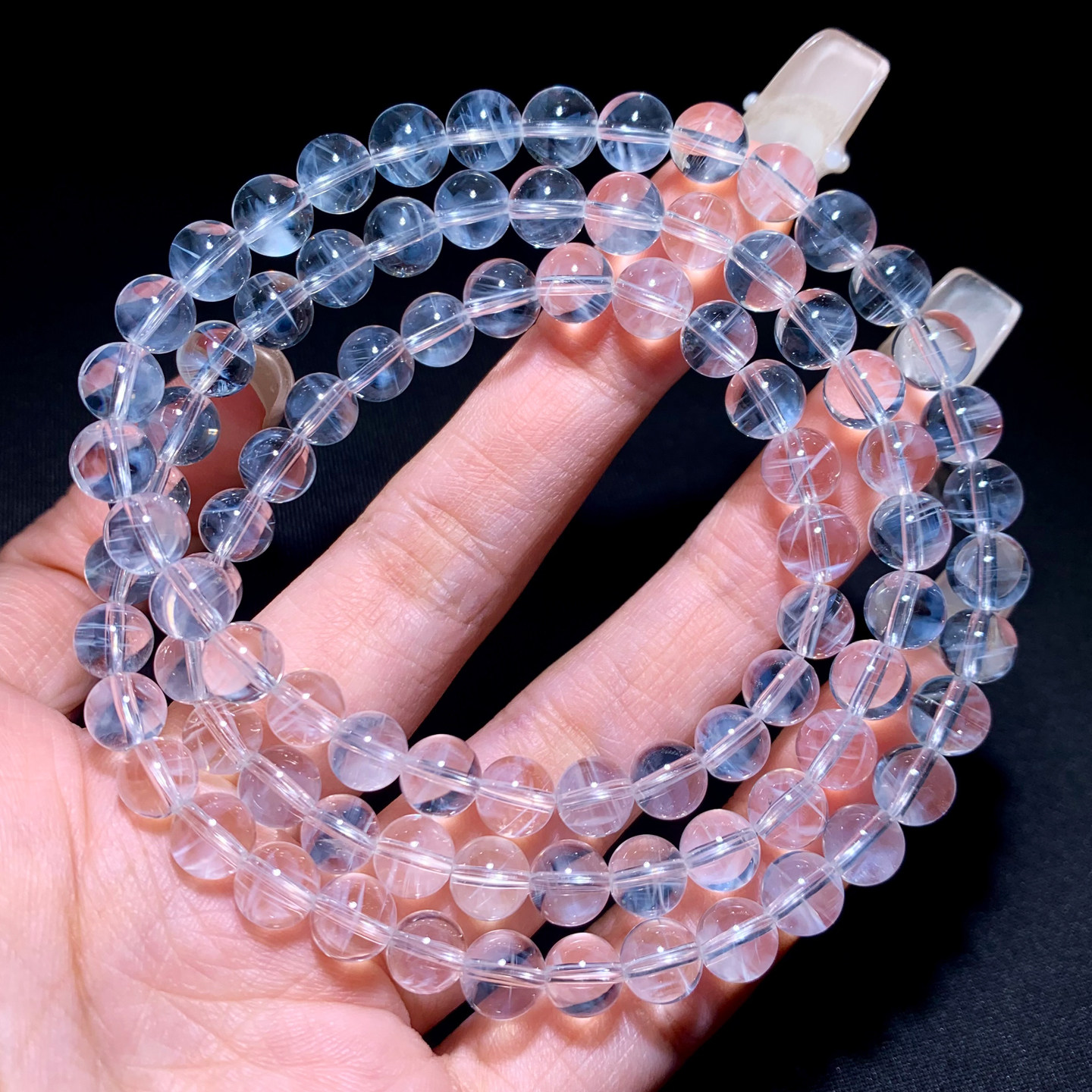 天然冰透蓝针水晶三圈手链天使的羽毛异象白水晶手串饰品礼物男女