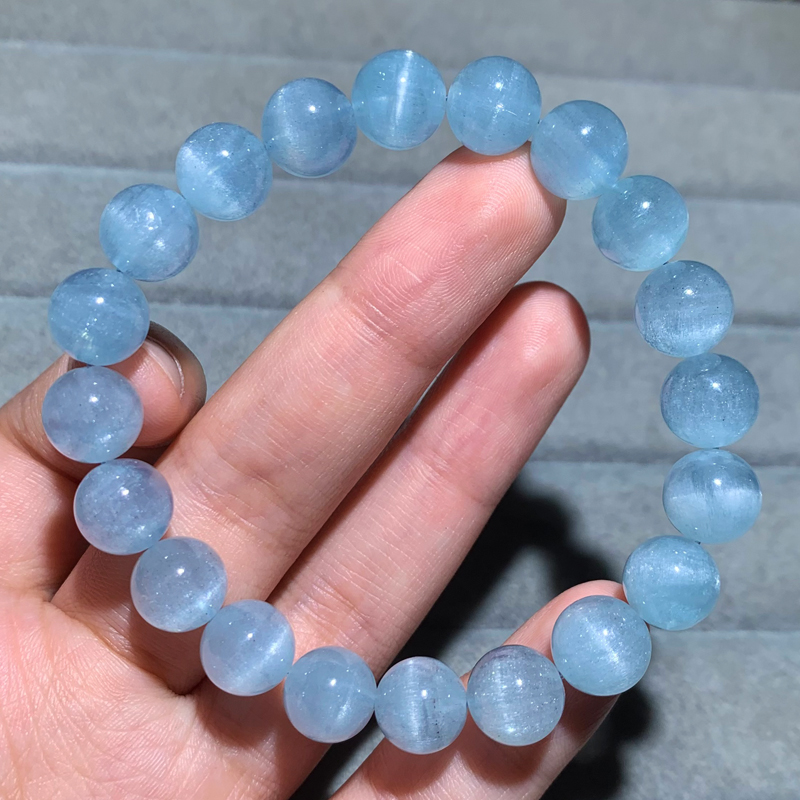 天然冰透貓眼海藍寶單圈手串男女
