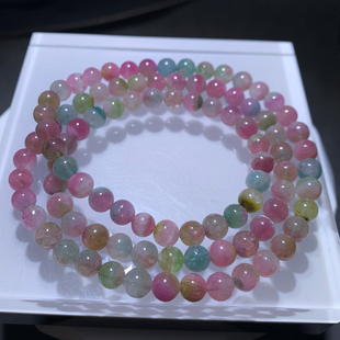 天然巴西西瓜碧玺三圈手链猫眼碧玺老矿水晶佛珠手串一物一图饰品