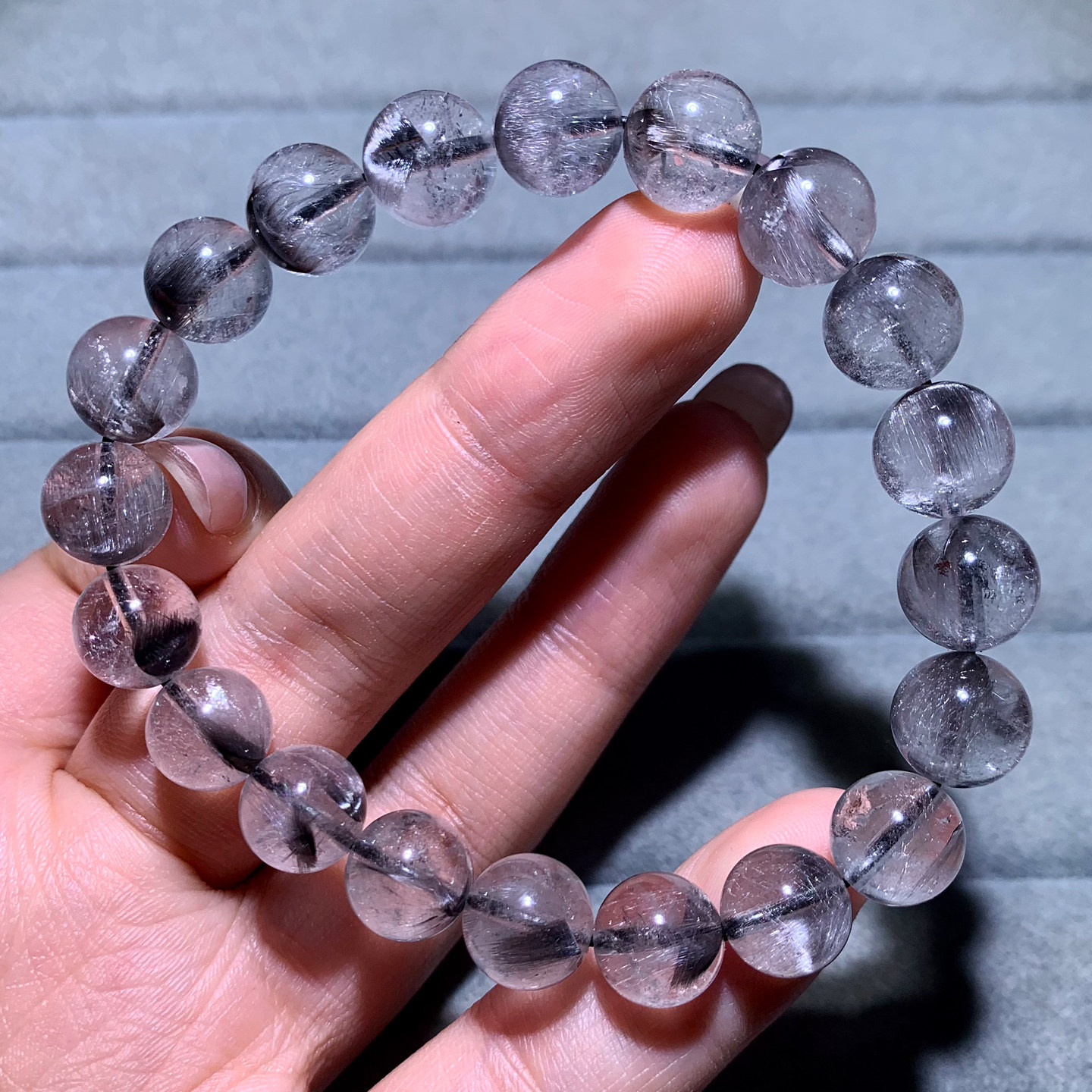天然猫眼黑银钛晶手串单圈水晶共生幽灵发晶手链圆珠男送礼饰品女