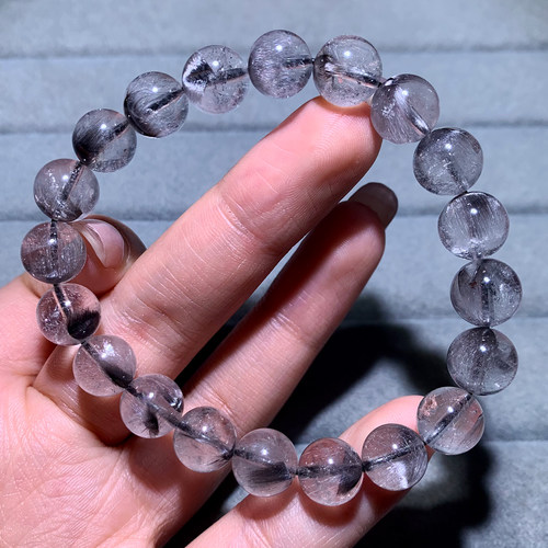 天然猫眼黑银钛晶手串单圈水晶女