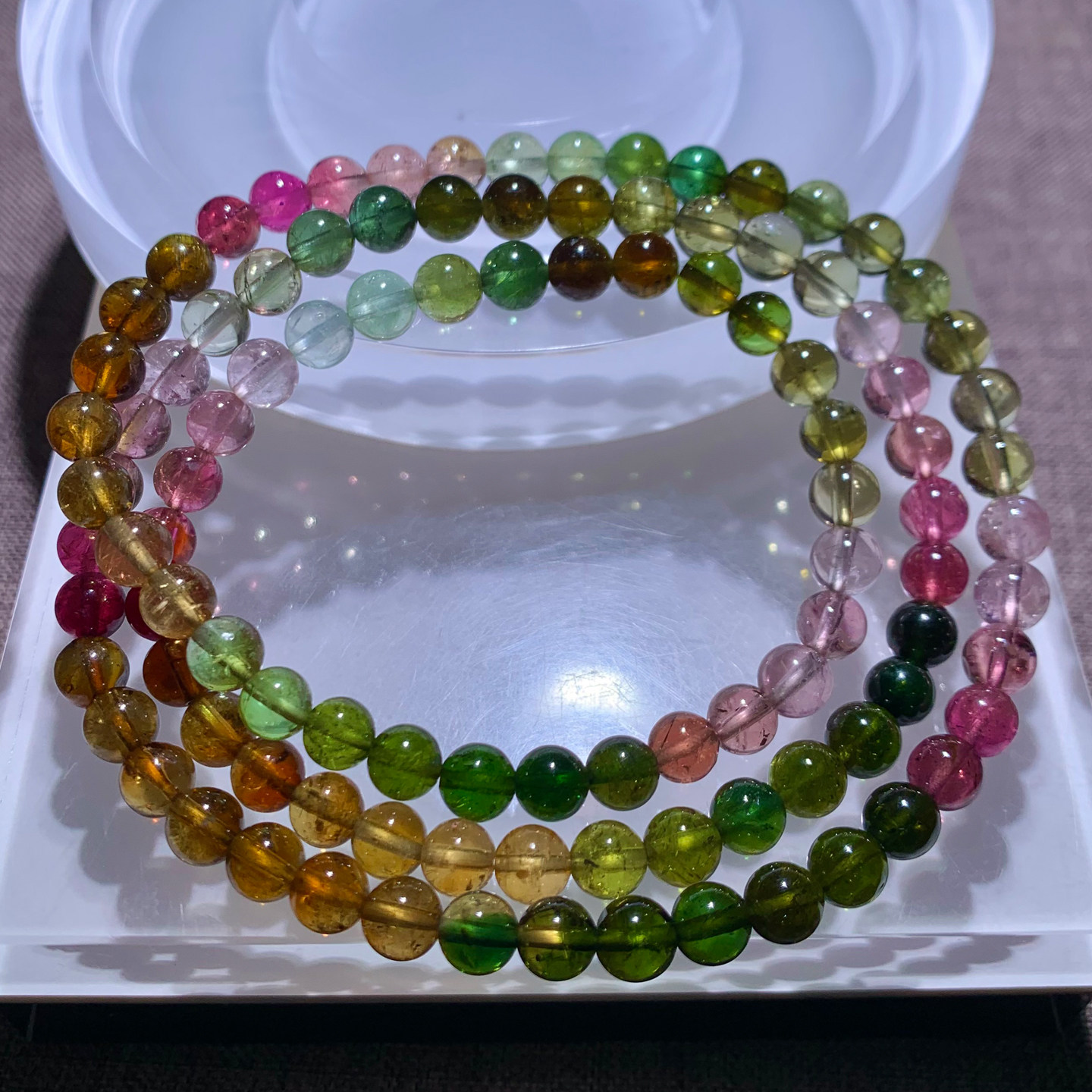 天然冰种渐变彩虹碧玺三圈手链巴西糖果色水晶佛珠手串情侣饰品女