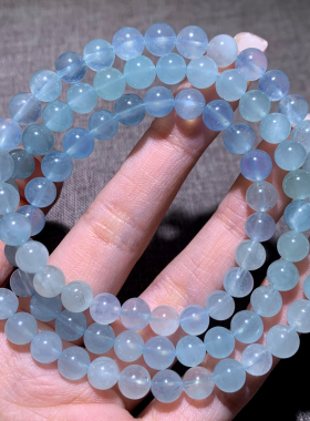 天然海蓝宝三圈手串冰透润蓝色水