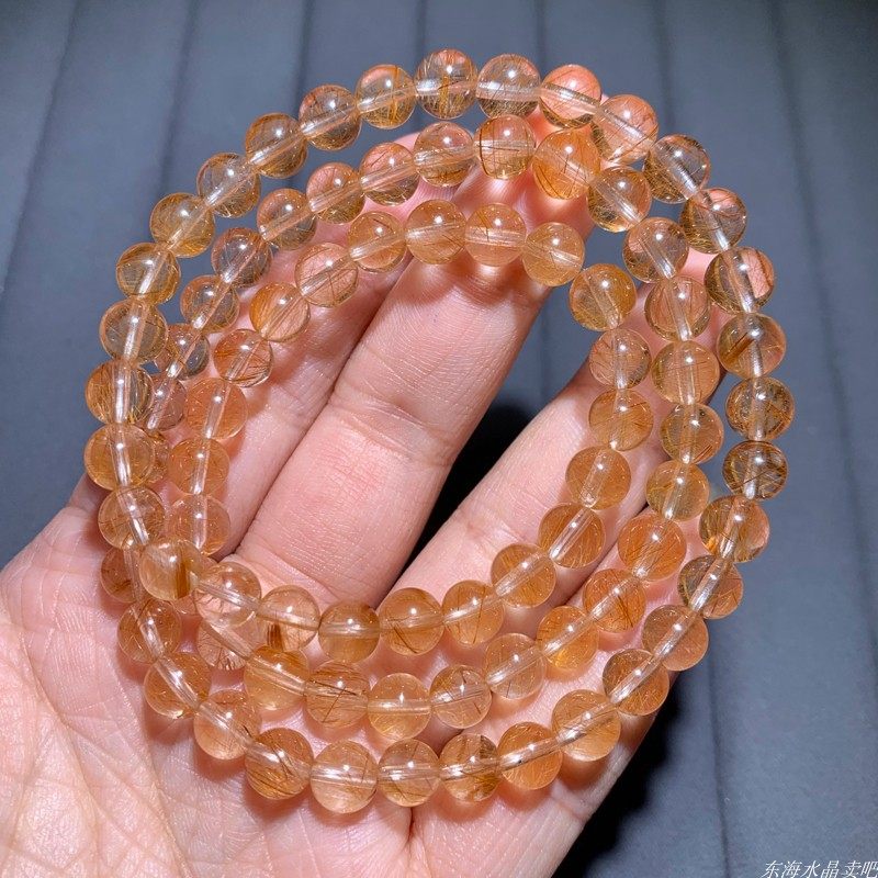 天然红铜发晶顺发佛珠手链三圈女