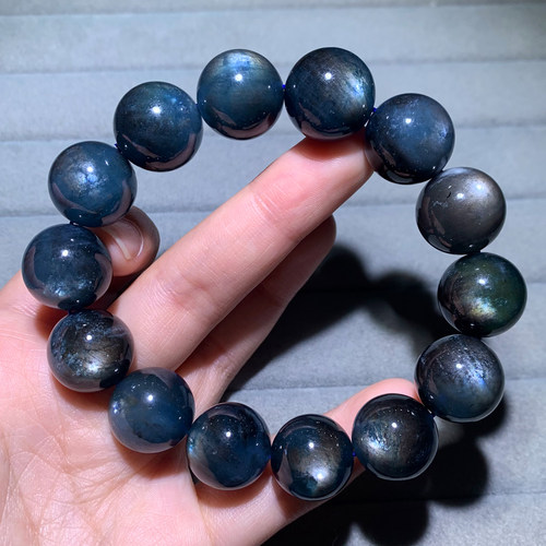 天然魔鬼蓝海蓝宝手链云母星光蓝