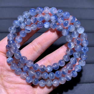天然冰透玉化蓝晶石三圈手链共生矿物蓝绿色宝石手串水晶礼物男女