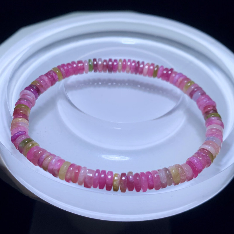 天然巴西粉碧玺盘珠手链水晶饰品单圈老矿彩虹糖果渐变手串礼物女