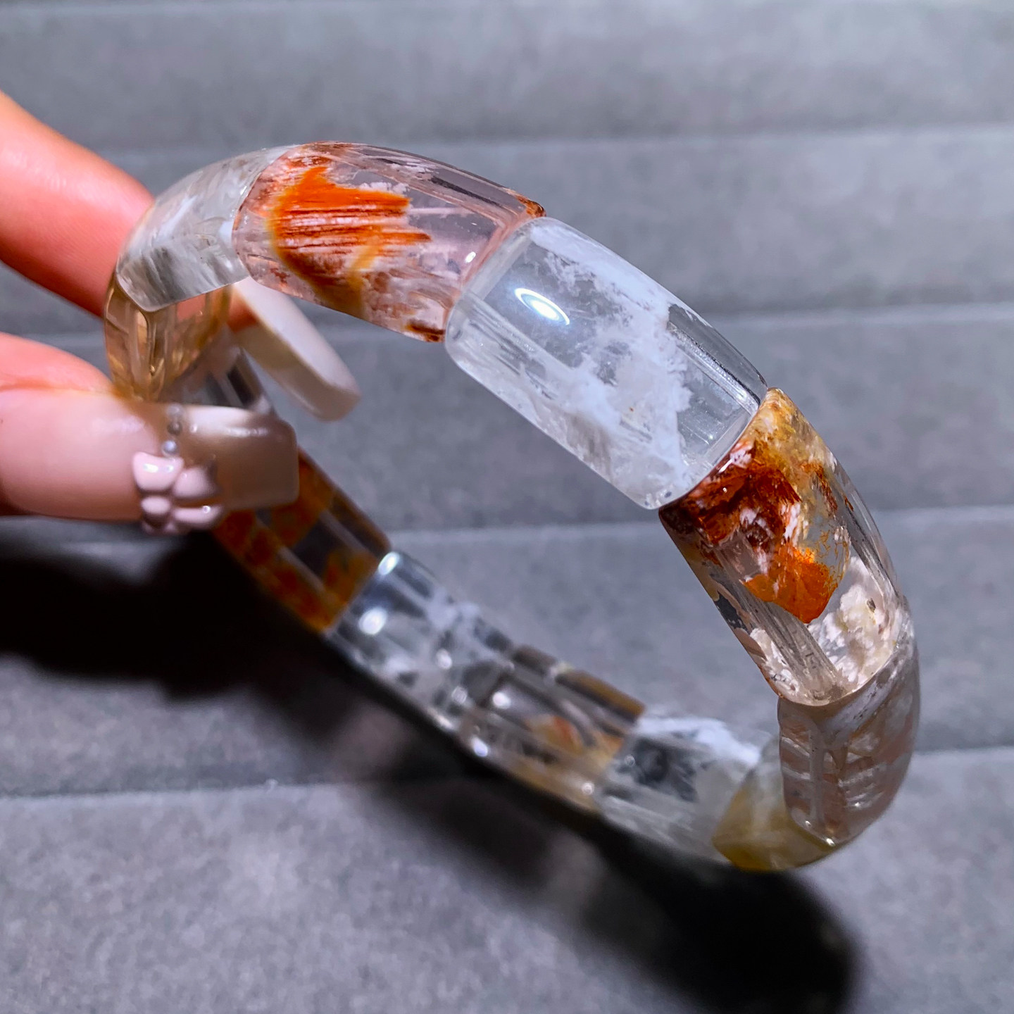 天然彩雪花幽灵手排聚宝盆幽灵异象橘调水晶手串甜美饰品礼物男女