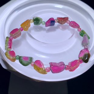 天然溏心西瓜碧玺原石切割随行手链双色随形单圈水晶手串礼物饰品