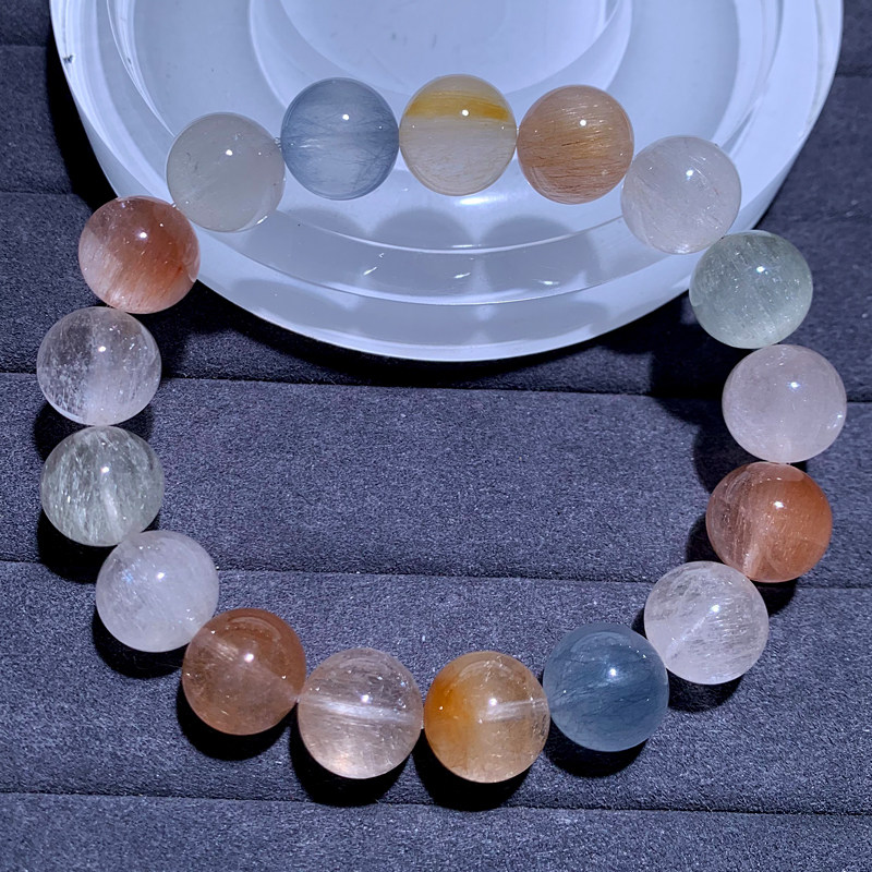 天然拉丝彩兔毛手链单圈水晶冰透猫眼彩发晶手串情侣款礼物饰品女