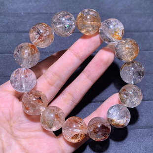 天然冰透胶花闪灵单圈手链彩铜矿黄铁矿石红黄胶花共生饰品女礼物