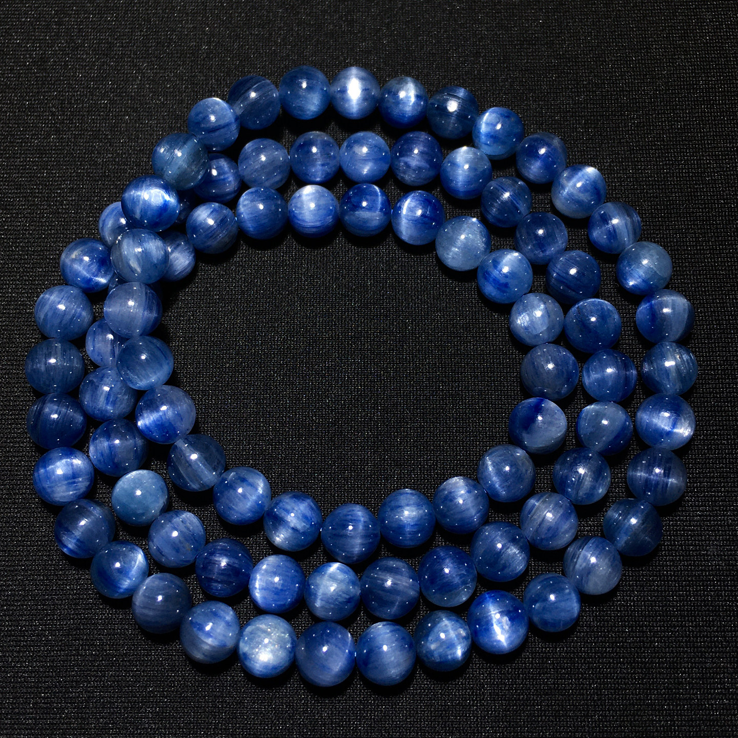 天然猫眼蓝晶石三圈手链共生矿物蓝绿色手串蓝宝石饰品情侣礼物女