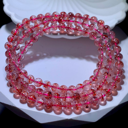 天然超七水晶三圈手链金草莓发晶