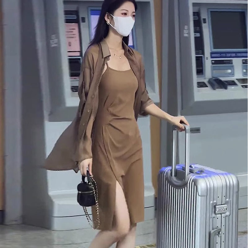 夏季法式长袖防晒衬衫吊带连衣裙套装女御姐轻熟风通勤气质两件套
