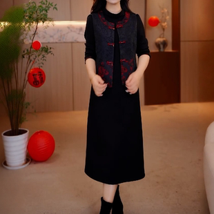 广州十三行爆款两件套连衣裙女2026春装新款妈妈国风马甲套装裙子