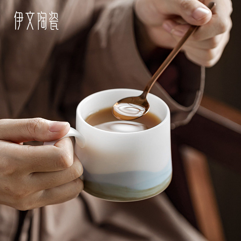 言和堂羊脂玉带碟带勺咖啡杯中式马克杯定制送礼高颜值情侣对杯子