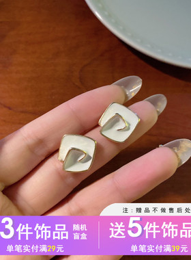 S925银针日韩ins风几何图案耳钉简约百搭冷淡风格滴油耳饰H3956