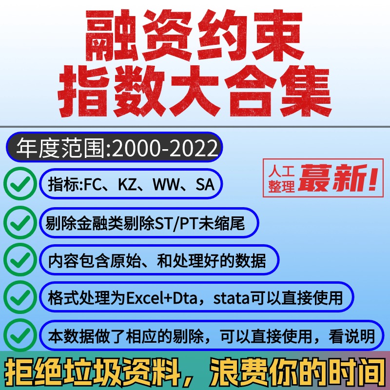 融资约束指数合集2022-2000 Excel＋Dta文件 含原始说明 含剔除版 商务/设计服务 设计素材/源文件 原图主图