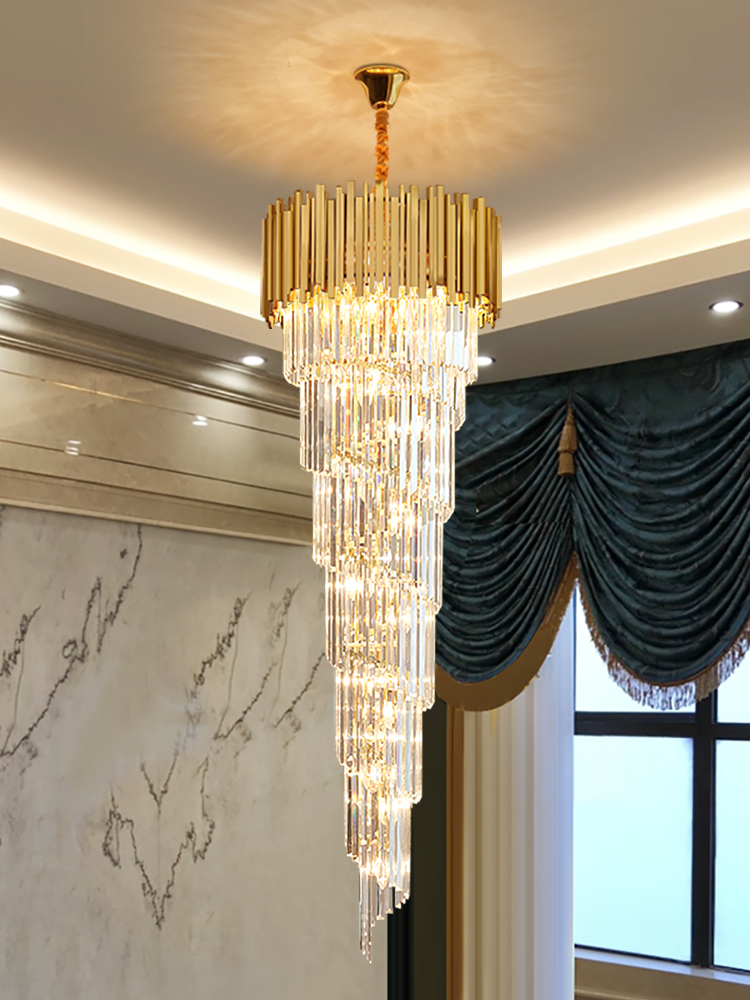 复式楼水晶客厅大吊灯现代简约轻奢豪华大气中空楼梯别墅长吊灯