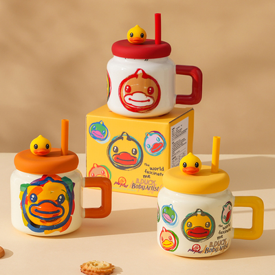 B.Duck小黄鸭创意涂鸦带盖马克杯