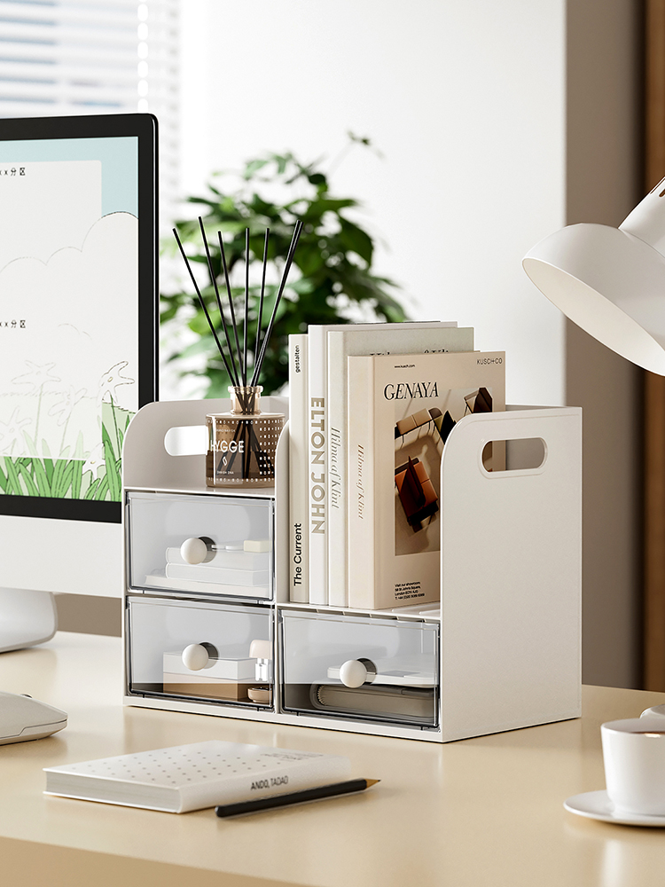 抽屉式桌面收纳盒学生课本整理书立架高级感办公室分格笔筒置物架