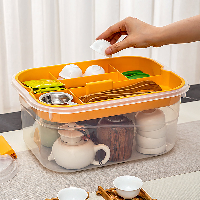 茶具桌面收纳盒家用双层手提收纳箱透明多功能户外功夫茶壶置物盒