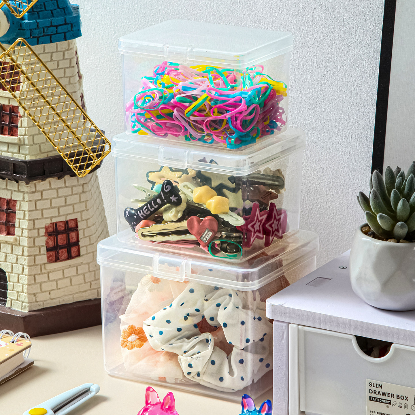儿童发饰收纳盒女生皮筋头绳发夹整理盒桌面透明大容量带盖首饰盒,收纳整理,首饰盒,淘宝优惠券,粉丝福利购,淘宝优惠卷