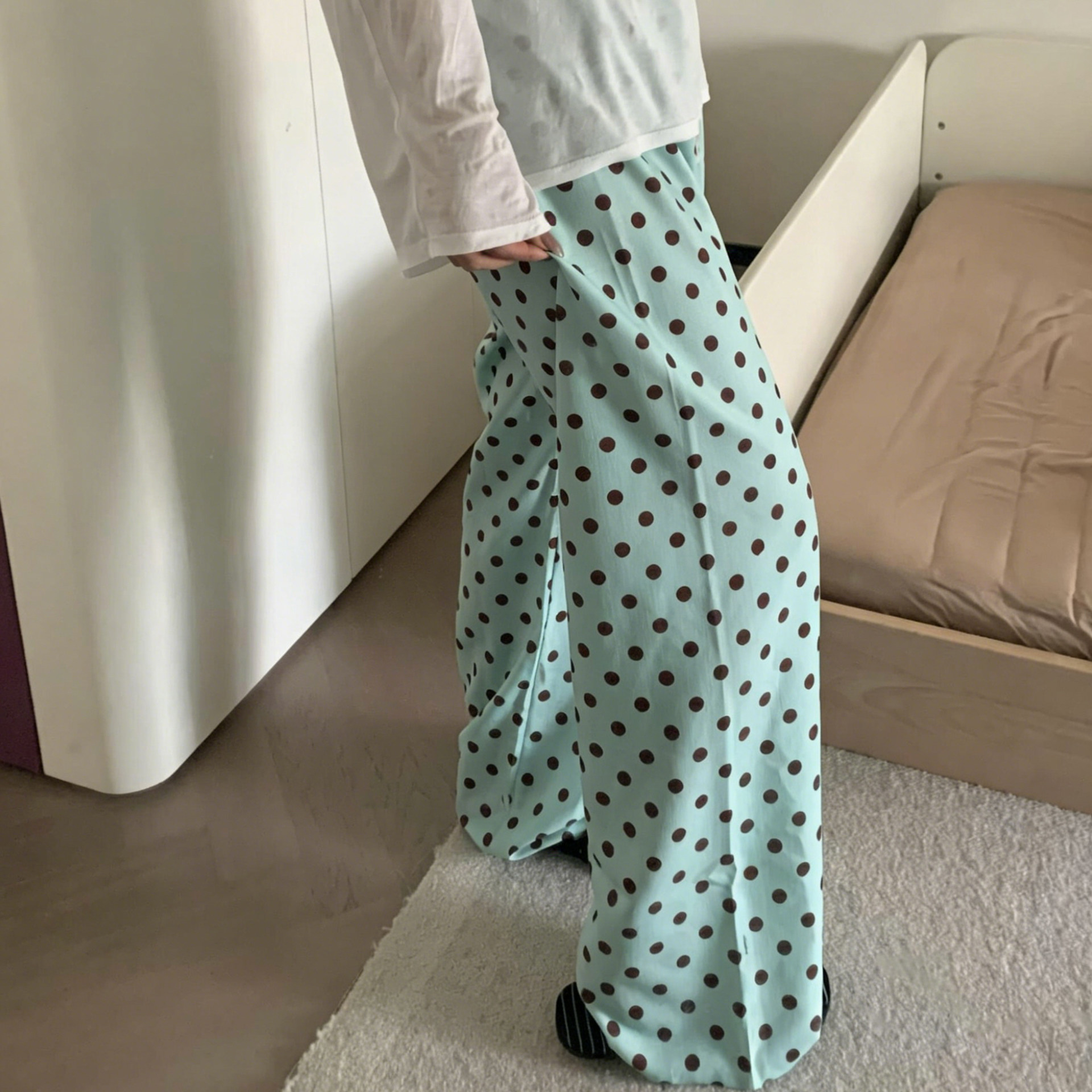 薄荷绿波点裤子遛弯裤女夏薄款休闲裤高腰宽裤夏季垂感显瘦长裤