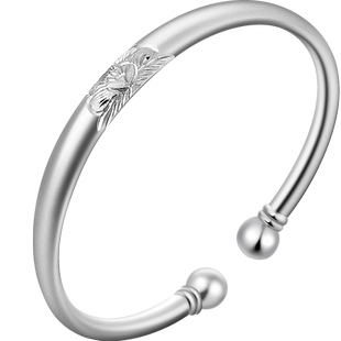 老银匠s999足银手镯牡丹古法女送妈妈奶奶母亲节开口银饰纯银镯子