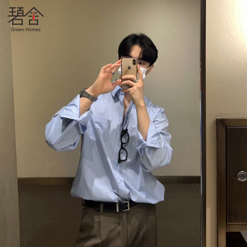 碧舍时尚休闲风宽松白衬衫长袖宽松蓝色帅气透气舒适轻熟衬衣寸衫