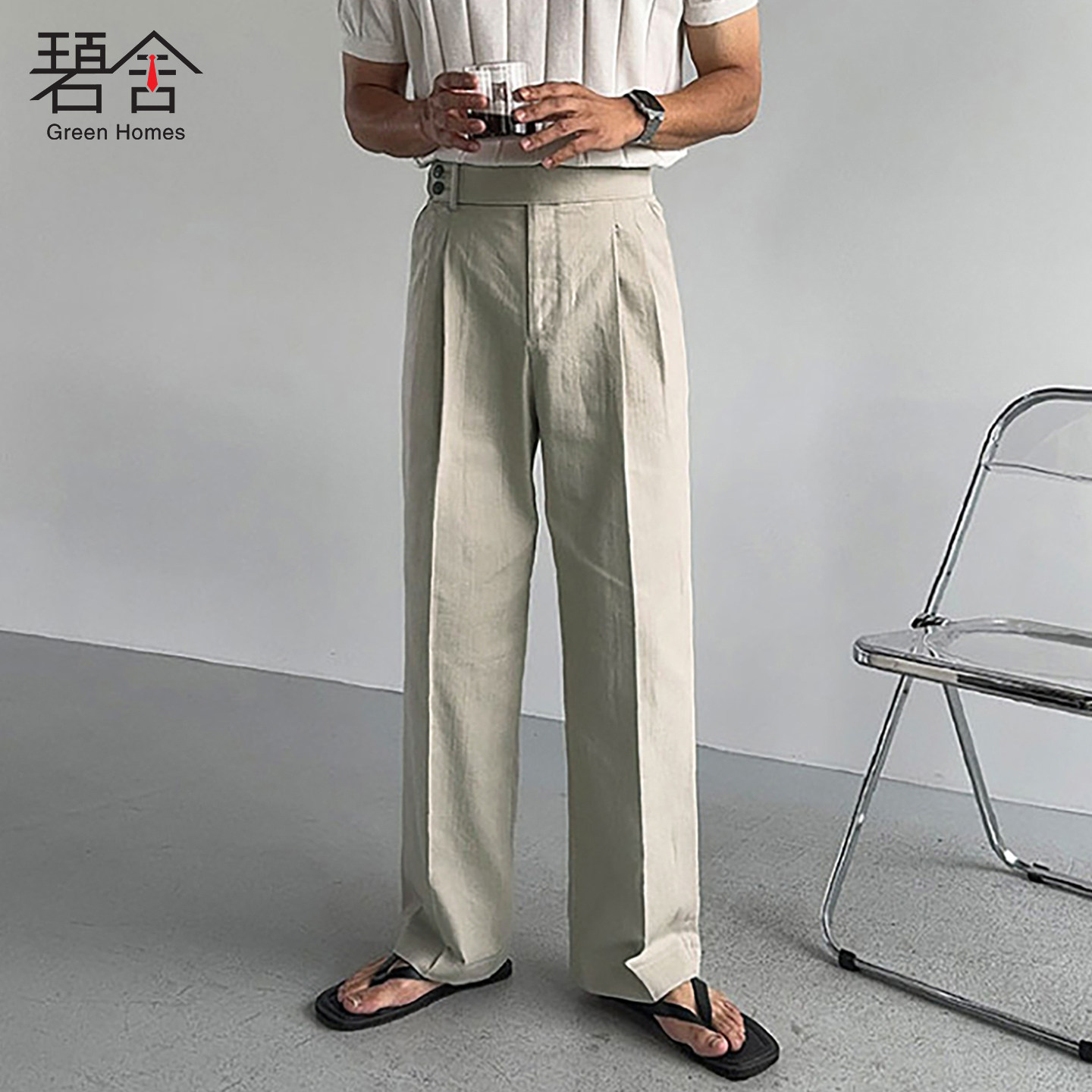 碧舍韩系风男士夏季新款宽松休闲裤时尚百搭透气薄款直筒棉麻长裤