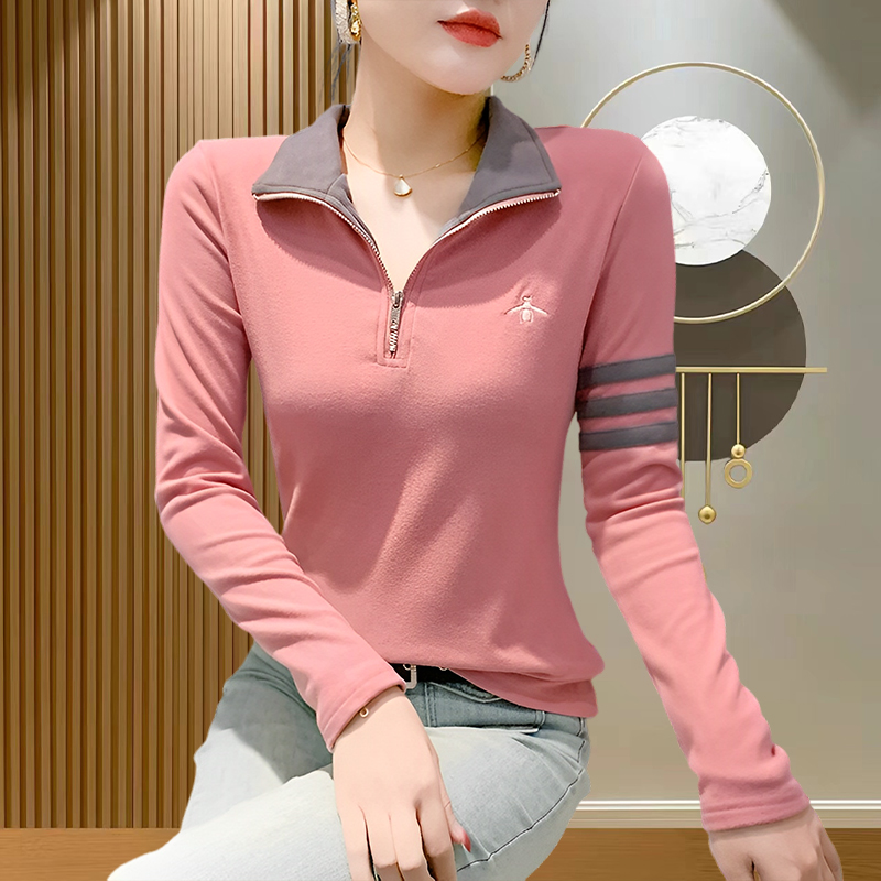 韩版刺绣拼接立领打底衫女2024冬季新款半拉链长袖保暖显瘦女上衣