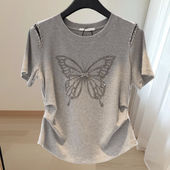 纯棉露肩镶钻蝴蝶捏褶设计感显瘦上衣体恤 新款 短袖 T恤女2025夏季