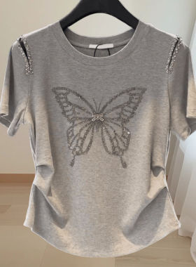 短袖T恤女2025夏季新款纯棉露肩镶钻蝴蝶捏褶设计感显瘦上衣体恤