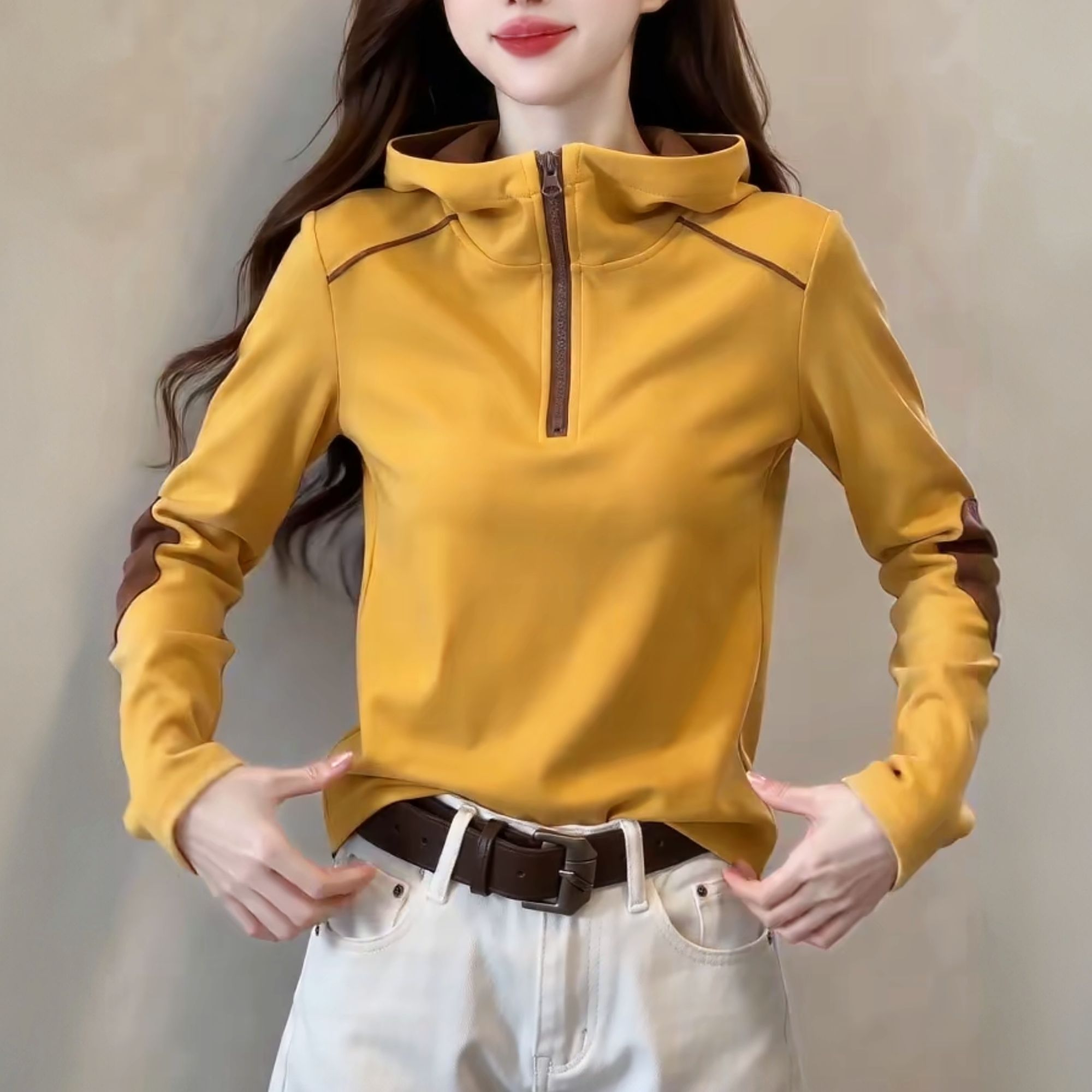 德绒保暖连帽打底衫女2026秋冬洋气半拉链拼色长袖女显瘦气质上衣